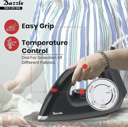 Havells Plastic Dazzle 1100W Dry Iron Press German Technology Non Sick Coated Sole Plate & 2 Yrs Warranty (Black), 1100 Watts - Image 2